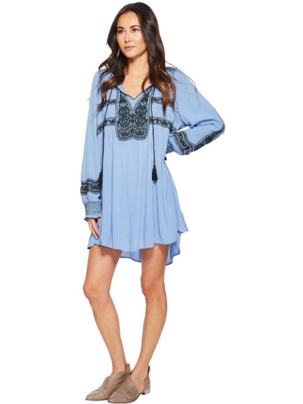 Free people Mini dress tunic Blue Embroidered Black Trim boho Anthropologie